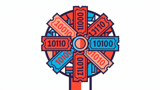digital badge with binary code design in red and blue colors representing technology and data security