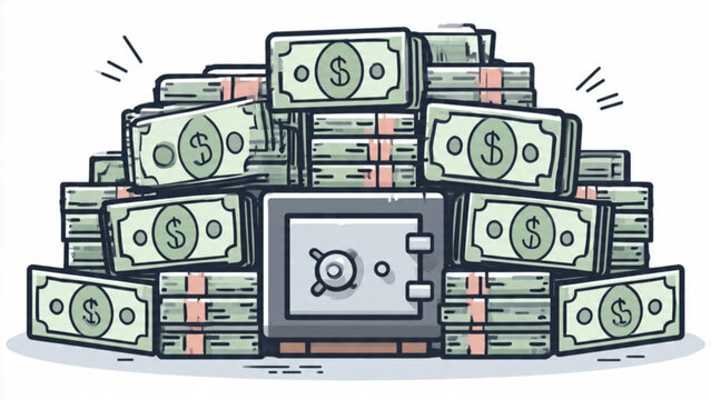 Secure electronic safe surrounded by large stacks of cash for financial security and wealth management