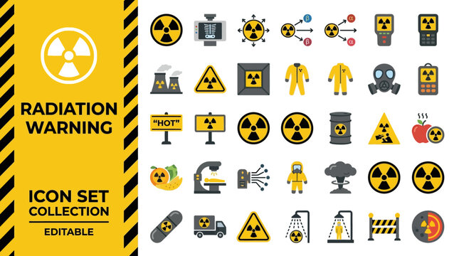 Radiation warning and nuclear hazard safety flat icon set