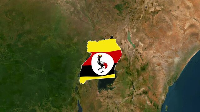 animated map highlights Uganda with a flag and the surrounding African terrain