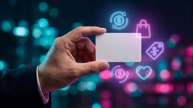 Businessman Hand Holding Blank Card with Neon Blue Pink Shopping Bag Discount Cashback and Heart Icons Showing Loyalty Rewards Concept