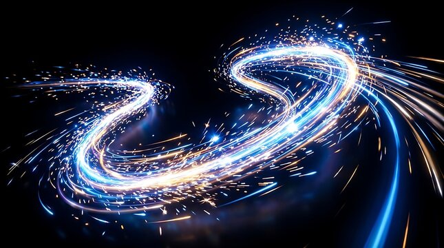Dynamic glowing light trails forming an abstract swirl with brilliant blue and golden sparks flying across a deep black background captured in high resolution digital art