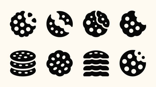 Collection of various cookie and burger icons, black vector food symbols on light background.