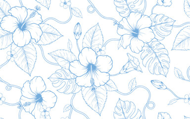 Hibiscus Tropical Large Leaf Line Art Seamless Pattern for Fabric Wallpaper Textile Background Beach Resort Summer Gift Wrap Stationery Vector Illustration © InfinoArt
