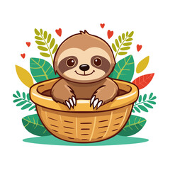 Fototapeta premium Cute cartoon sloth in a woven basket with tropical leaves