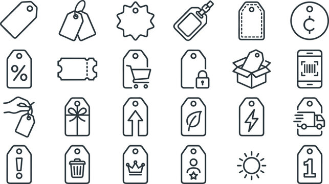 Shopping Price Tag Line Icon Set with Commercial Labels, Discount Symbols, Coupons, and E-commerce Elements for retail Websites and Mobile App Designs