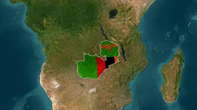 Zambia map superimposed with flag on the African continent motion footage