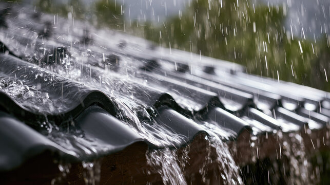 Heavy rain on metal roof close up with water splashing and flowing over corrugated sheet under storm cloud, dramatic motion blur and sharp texture
