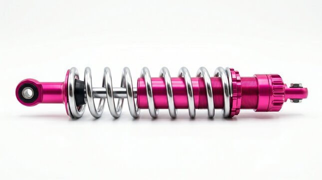 Pink adjustable coilover shock absorber isolated on white background