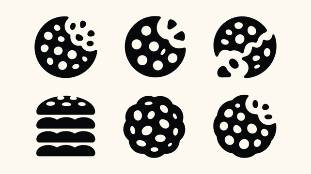 Set of black cookie and burger vector icons, food and snack graphic elements on light background.