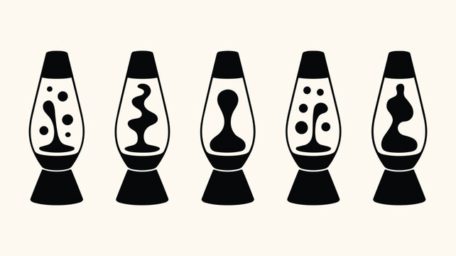 Set of black lava lamp icons with liquid motion isolated on beige background for retro decor.