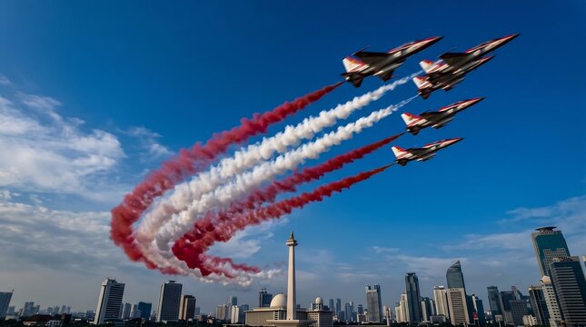 Aerobatic fighter jets performing flight formation over Jakarta skyline with red white smoke trails under blue sky