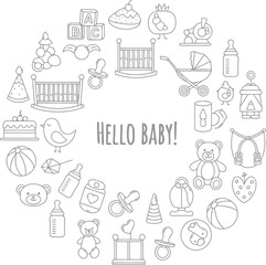 Fototapeta premium Hello Baby Baby Shower Doodle Border with Nursery Icons in Soft Gray Line Art
