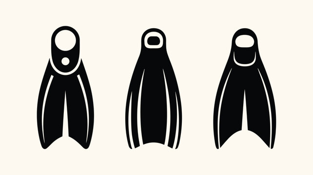 Three black flippers icons, vector swimming and diving equipment on light background.