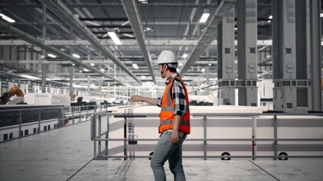Side View of Asian Male Engineer Waving Hand Saying Bye While Walking at Modern Solar Panel Manufacturing Factory with Automated Robotic Assembly Line