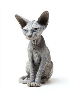 Textured Gray Sphinx Cat Sculpture With Blue Eyes Sitting On White Background Studio Lighting