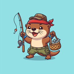 Fototapeta premium Cute Cartoon Otter Fisherman Character Holding Fishing Rod and Basket