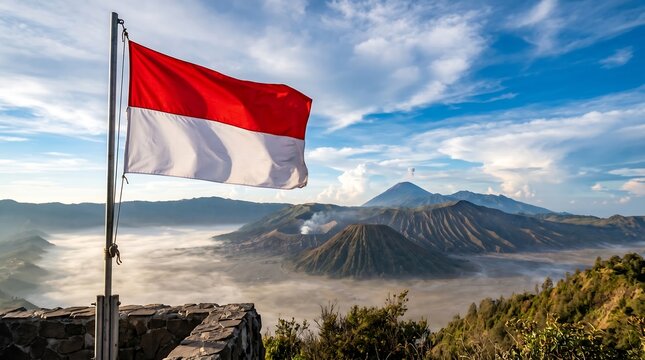Indonesian flag on flagpole overlooking Mount Bromo volcanic landscape with morning mist under blue sky