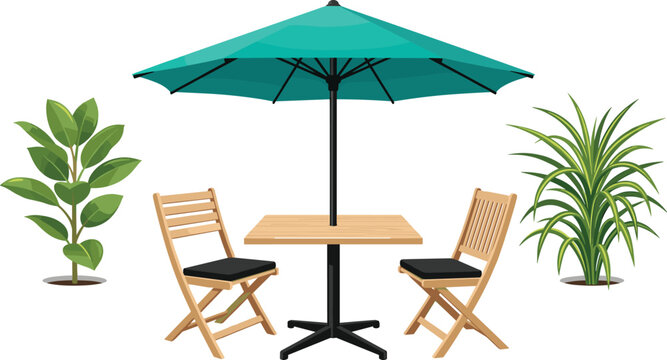 Outdoor patio furniture vector illustration featuring wooden table with green umbrella chairs and tropical potted garden plants