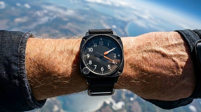 Man wearing a black analog watch during a skydive view from above.