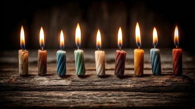 Nine colorful small candles with flickering flames standing in a straight row on a dark rustic textured wooden surface background