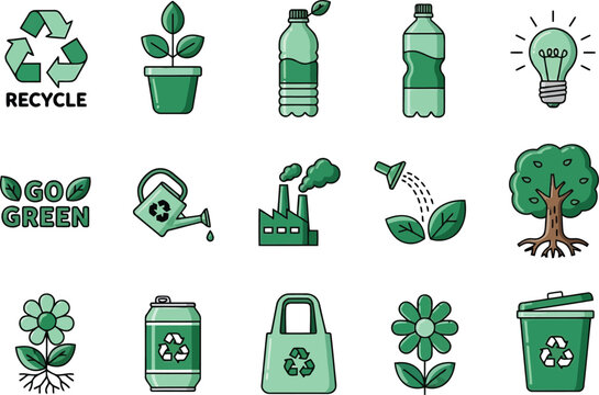 Green eco recycling icons set with sustainable symbols, reusable bottles, plant growth and waste reduction concepts