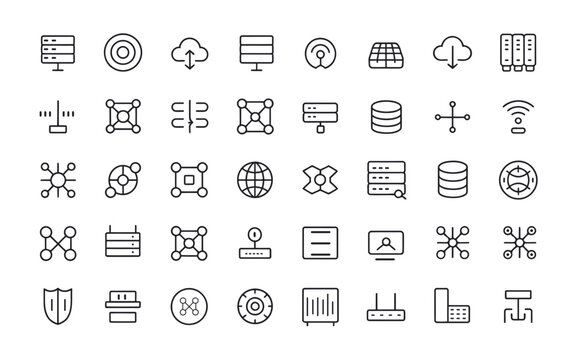 Cloud Computing, Network and Database Line Icons Set Vector Collection