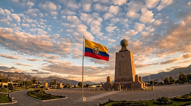 Mitad del Mundo monument and Ecuadorian flag under dramatic sunset clouds in Quito outdoor landscape