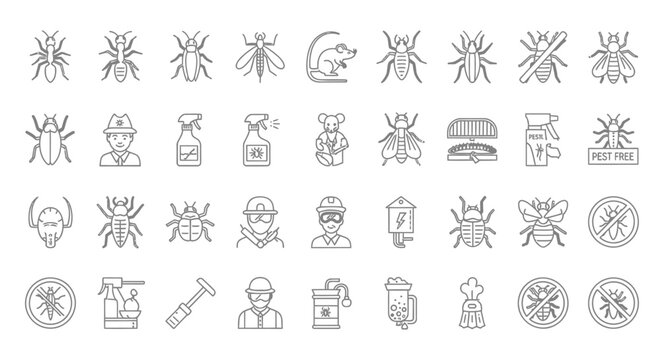 A collection of various pest control and insect icons in a clean line art style