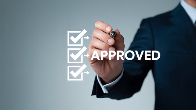 Businessman approves checklist, approved sign, verification concept, workflow process