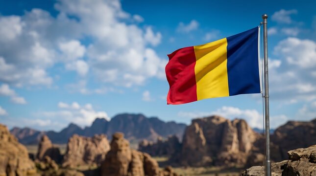 National flag of Chad waving on metal pole with rocky mountain landscape and blue cloudy sky