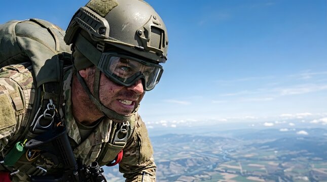 Military Paratrooper Jumping from Plane with Parachute Ready - Extreme Altitude.