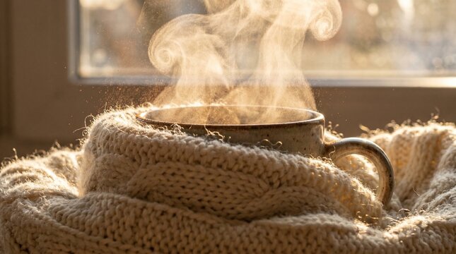 Chunky knit sweater wrapped around warm mug with cinnamon and steam