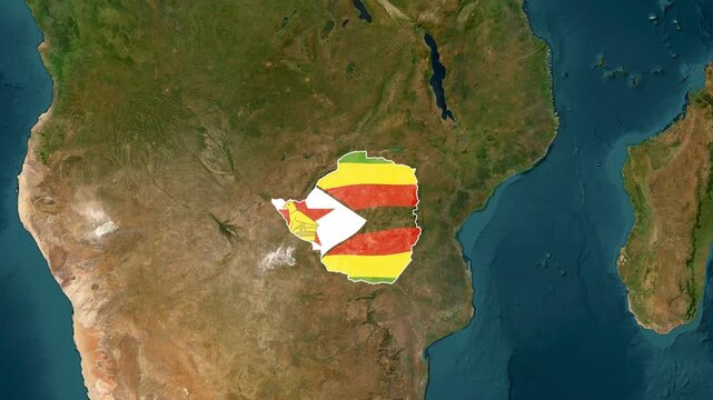Zimbabwe map overlaid with the national flag on satellite view video footage