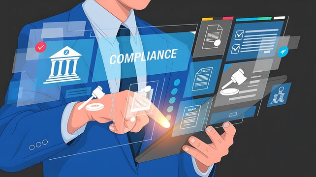 Businessman interacting with virtual compliance dashboard, regulatory technology, fintech, governance, blue interface