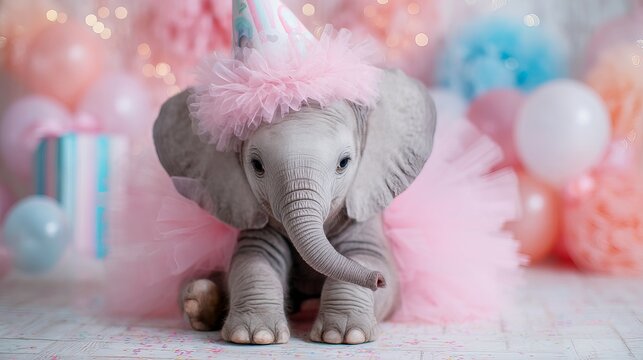 Cute baby elephant wearing a pink tutu and party hat sitting in front of colorful balloons for a birthday celebration