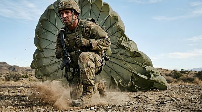 Soldier Landing With Parachute in Desert.