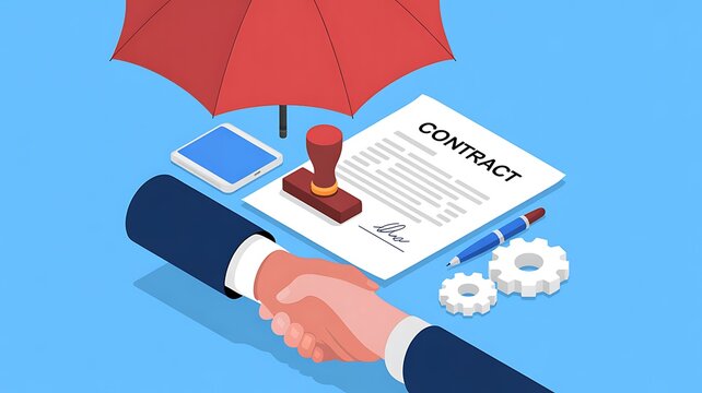 Business partnership handshake, contract agreement, corporate insurance, protection
