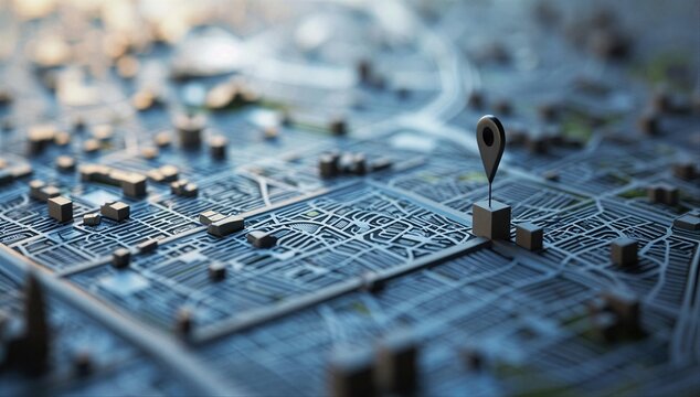 Digital city map with pin marker and virtual perimeter representing geofencing technology and location boundary.