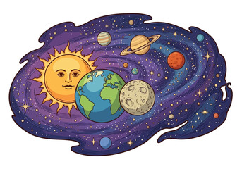 A colorful cartoon illustration of the solar system with the sun, Earth, moon, and other planets set against a starry galaxy background. © Sc