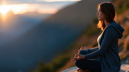 Naklejka premium Faceless woman meditating at mountain sunrise, peaceful posture against a dramatic alpine backdrop, defocused mountain range in background, mountain mindfulness concept