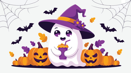 Fototapeta premium Happy ghost wearing a purple witch hat sips a drink with pumpkins and bats