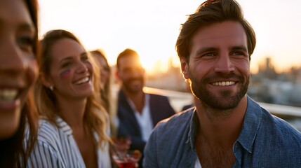 Obraz premium Group of happy diverse friends and football fans watching championship at rooftop bar during sunset