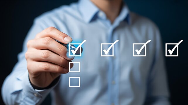 Businessman checking boxes, checklist, verification, approval concept, workflow optimization