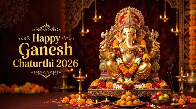 Happy ganesh chaturthi 2026 wishes lord ganesha idol with floral decorations and traditional diwali diyas