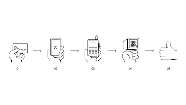 Payment Process Icon Sequence for Credit Card, Mobile, POS, and QR Code Transactions