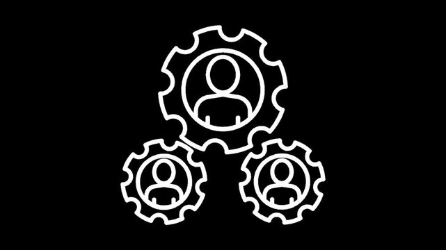 Collaborative workforce and industrial synergy icon featuring people within interlocking mechanical gears