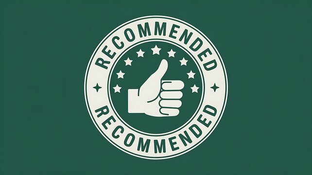 Recommended stamp, approval badge, green background, thumbs up icon, vector graphic