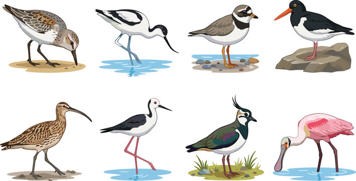 Shorebirds and wading bird species cartoon vector illustration icon set isolated on white background