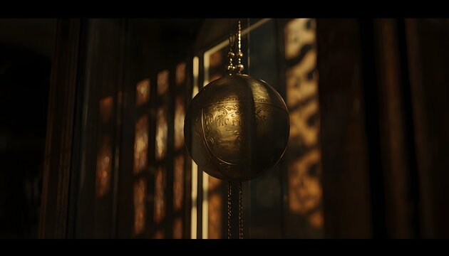 Close up of an antique weathered brass pendulum inside a grandfather clock with dramatic warm shadows